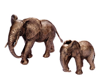 Design Deko Skulptur Elefant aus Bronze & Kunstharz Tierfigur Afrika Elefant Statue Elefanten Baby Bronzefigur African Elephant Mama