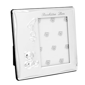Baby picture frame with bear & pacifier + engraving format 7 x 10 cm children&#39;s photo frame silver-plated matt picture frame for birth ultrasound picture