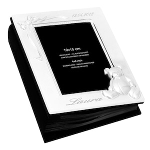 Photo album baby photo book silver-plated tarnish-proof with black pages for 100 photos 10 x 15 cm picture book christening gift birth photo book noble