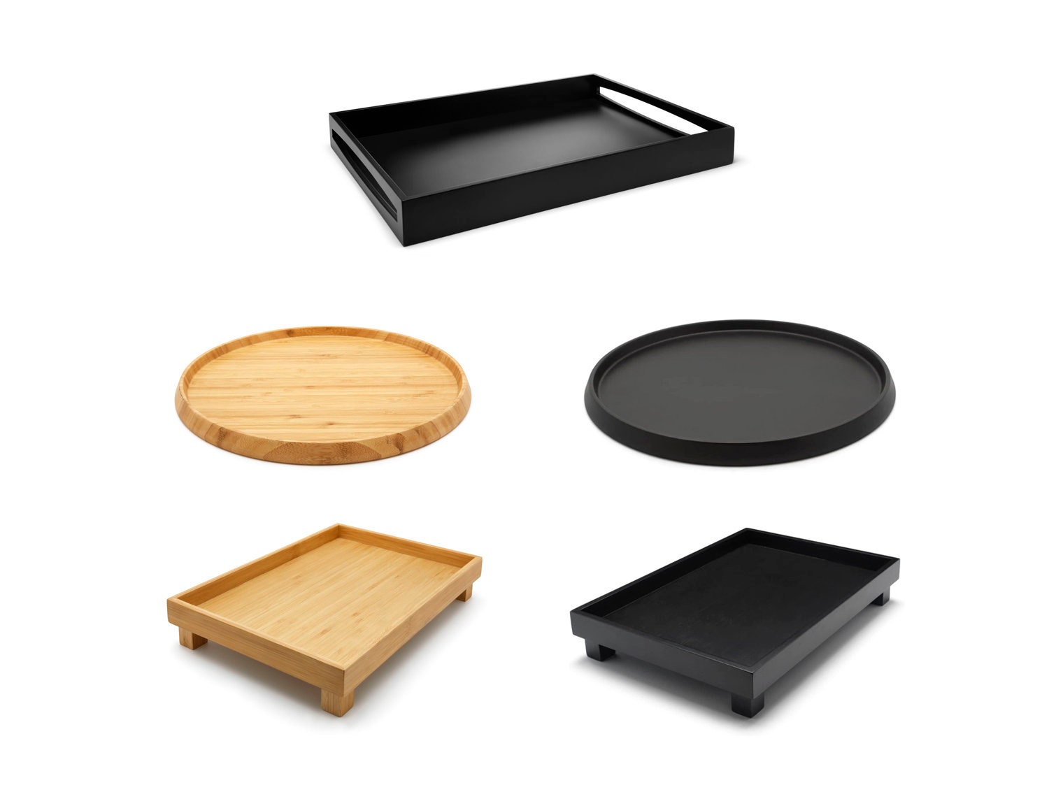 Design Tablett Deko mit Bambus Griffen Tablett Holztablett rechteckig Serviertablett Holz Kerzentablett schwarzes schwarz