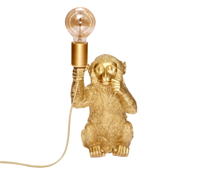 Design Tischlampe Äffchen für Glühbirne E14 E27 Tischleuchte Monkey Lampe sitzender Affe Dekofigur Leuchte Gold Schwarz in 3 Größen Bild 9