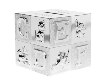 Children&#39;s money box ABC with desired engraving piggy bank cube made of metal silver-plated tarnish-proof money box piggy bank christening gift school enrollment