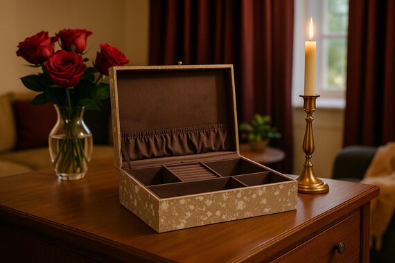 Design Schmuck Organizer Leder in Beige Kuhfell Schmuckaufbewahrung Schmucklade für Ringe Ketten Uhren Schmuckschatulle Schmucketui Etui Box