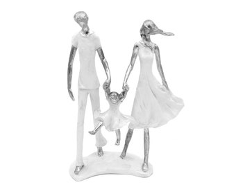 Design Skulptur Familie Weiß Silber Dekofigur aus Kunststein Family Geschenkidee Deko Element Höhe 36 cm Liebe Verlobung Hochzeit Figur Deko