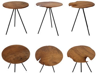 Mesa auxiliar de teca, mesa de madera tropical de 3 patas, taburete de flores de teca, mesita de noche, mesa de teca maciza vintage, mesa de centro noble con estructura de hierro