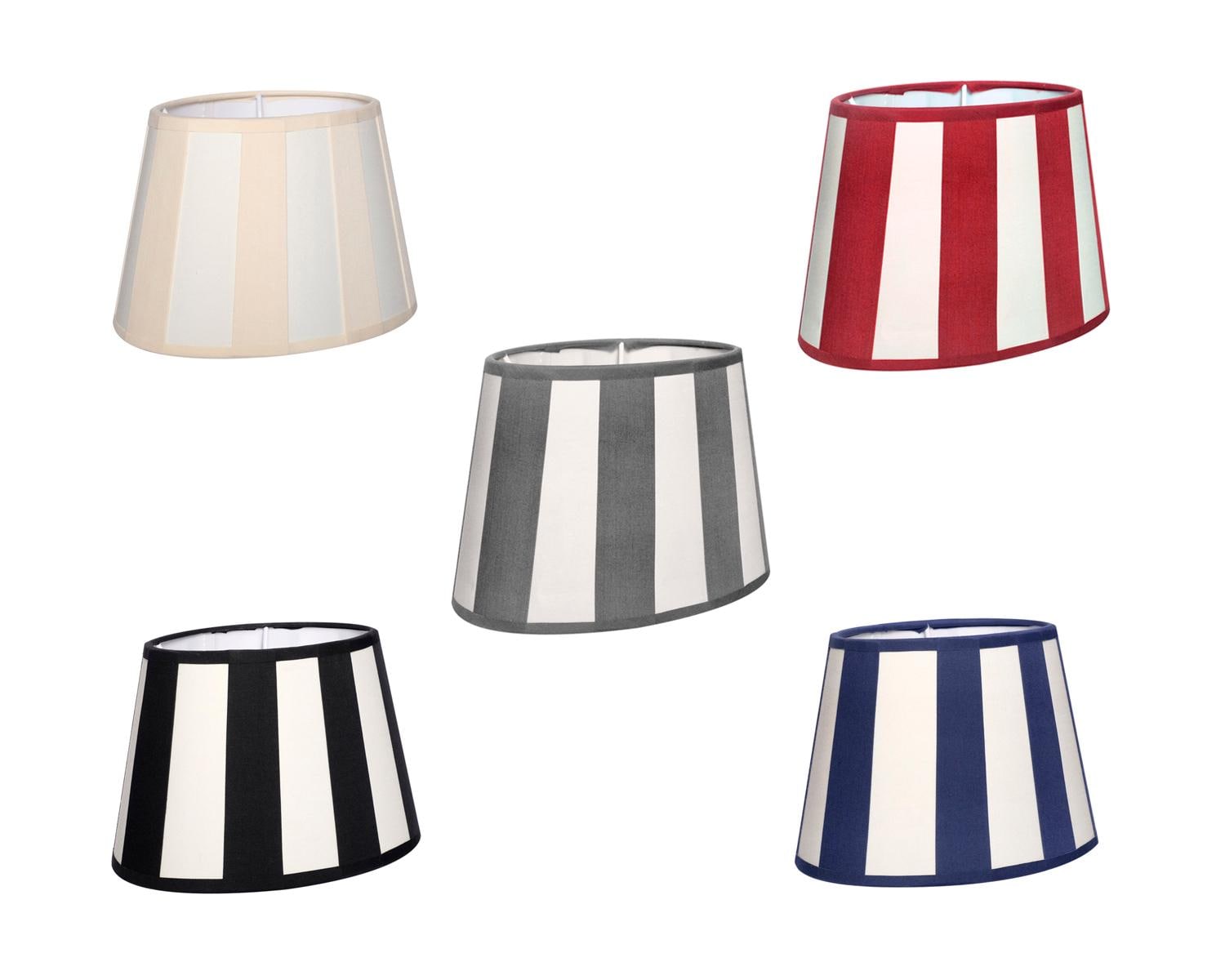 Petit abat jour rond en tissu à rayures beige, rouge, or et bleu
