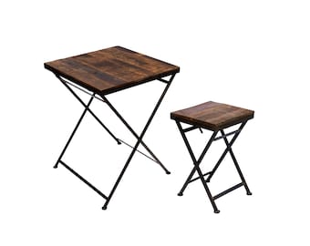 Folding table side table stool made of real wood solid iron frame metal foldable garden table balcony table stable vintage rustic bistro