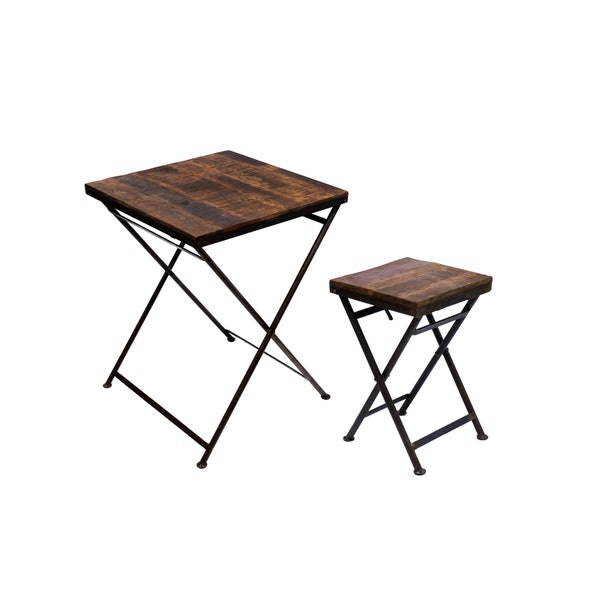 Folding table side table stool made of real wood, solid iron frame, metal, foldable garden table, balcony table, stable, vintage, rustic bistro