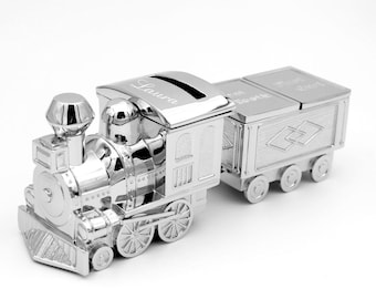 Kinder Spardose Zug mit Milchzahndose versilbert Zahn und Lockendose Taufgeschenk Spardose Lok Zug Eisenbahn personalisiert Wunschgravur