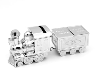 Children's train money box with milk tooth box, silver-plated tooth and curls box, christening gift, money box, locomotive, railway, personalized with desired engraving
