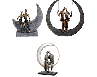 Design Skulptur Liebespaar Mond Bronze Deko-Objekt Figur Freundschaft Statue Moon Polyresin Hochzeits-Geschenk Love Dekofigur Dekoration Neu