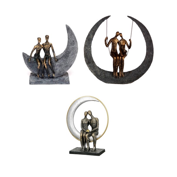 Design Skulptur Liebespaar Mond Bronze Deko-Objekt Figur Freundschaft Statue Moon Polyresin Hochzeits-Geschenk Love Dekofigur Dekoration Neu