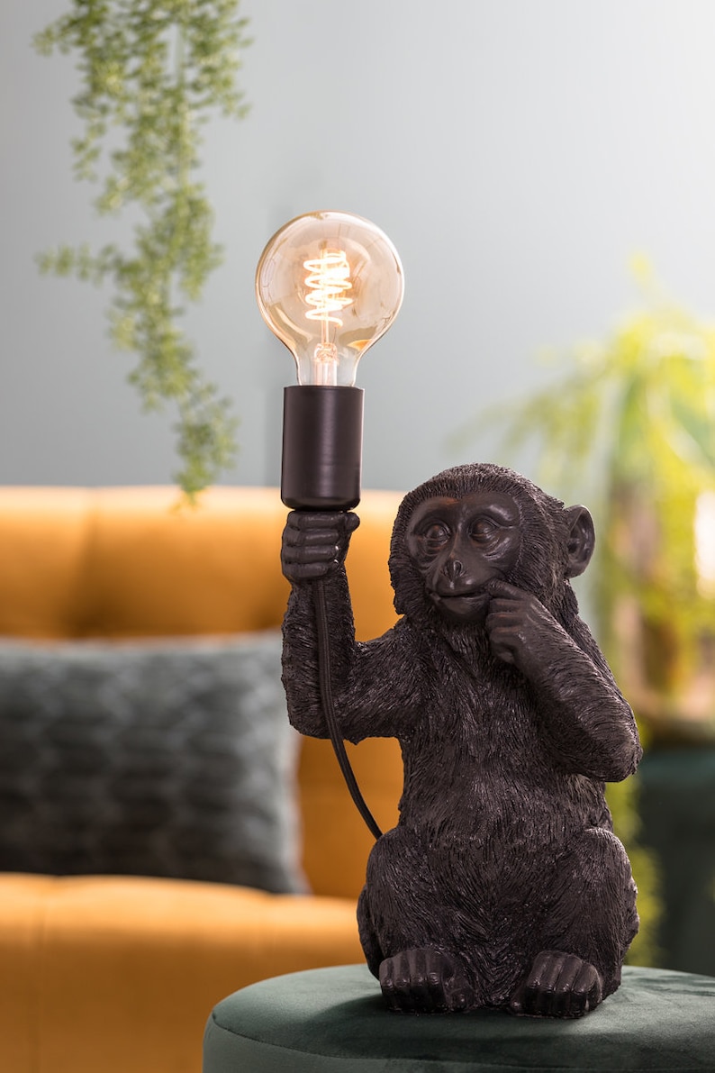 Design Tischlampe Äffchen für Glühbirne E14 E27 Tischleuchte Monkey Lampe sitzender Affe Dekofigur Leuchte Gold Schwarz in 3 Größen Bild 7