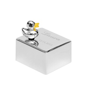 Design Spieluhr Baby Ente versilbert Gravur Mädchen Junge Tier Schlaflied Einschlafen Drehuhr Brillibrum Geschenke Kinder Metall Geburt edel