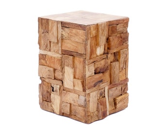 Design Beistelltisch aus Echtholz Stücken Couchtisch Treibholz Quadratisch Holz-Block Hocker Unikat Nachttisch Blumen-Hocker 45cm Robust Neu