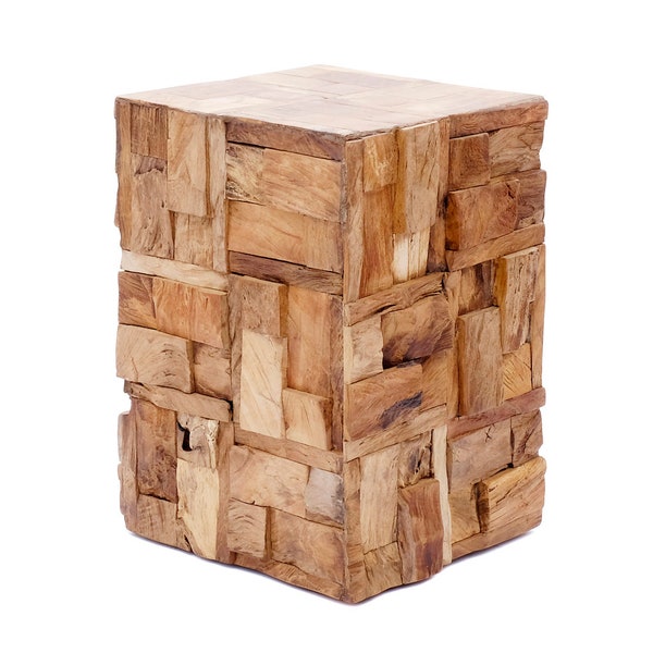 Mesa auxiliar de diseño hecha de piezas de madera auténtica, mesa de centro de madera a la deriva, taburete cuadrado de bloque de madera, mesita de noche única, taburete de flores de 45 cm, robusto nuevo