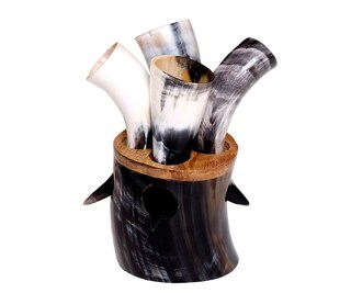 Corno Da Bere Vichingo Fatto A Mano Con Supporto - Inciso Con Odino E Vegvisir, 35,5 Cm, Sicuro Per Alimenti