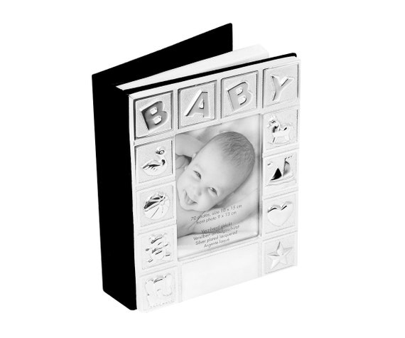 Álbum de fotos para nacimiento de bebe o bautizo con adornos de plata