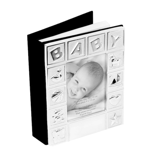 Photo album baby silver-plated tarnish-proof baby photo book with picture frame photo book for 70 photos slip-in album 10x15 baby book with engraving baptism