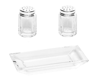 Designer mini zoutstrooier van glas, fijn zilverkleurig, universele strooier voor kruiden en peper, verzilverd dienblad, elegant nieuw.