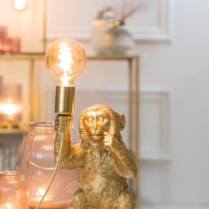 Design Tischlampe Äffchen für Glühbirne E14 E27 Tischleuchte Monkey Lampe sitzender Affe Dekofigur Leuchte Gold Schwarz in 3 Größen Bild 3