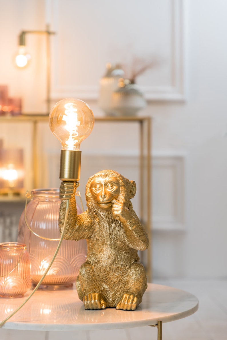 Design Tischlampe Äffchen für Glühbirne E14 E27 Tischleuchte Monkey Lampe sitzender Affe Dekofigur Leuchte Gold Schwarz in 3 Größen Bild 3