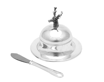 Mantequera de metal, redonda, plateada, con diseño de ciervo, recipiente de almacenamiento, cuchillo de mantequilla, juego de cuchillo de mantequilla y cuenco, desayuno, ciervo plateado