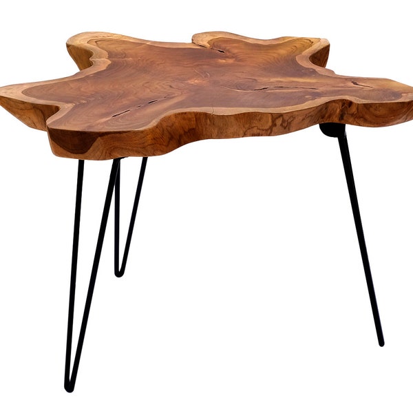 Petite table pliante design en teck, structure en métal, table d'appoint, table basse en teck, table de salon pliante, table unique en bois naturel massif