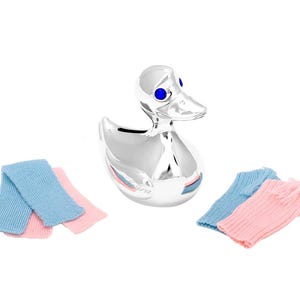 Kinderspardose Ente mit Mütze & Schal versilberte Geldose Sparschwein Entchen süsse Geschenkidee für Kinder Gravur Wunschgravur Spardose