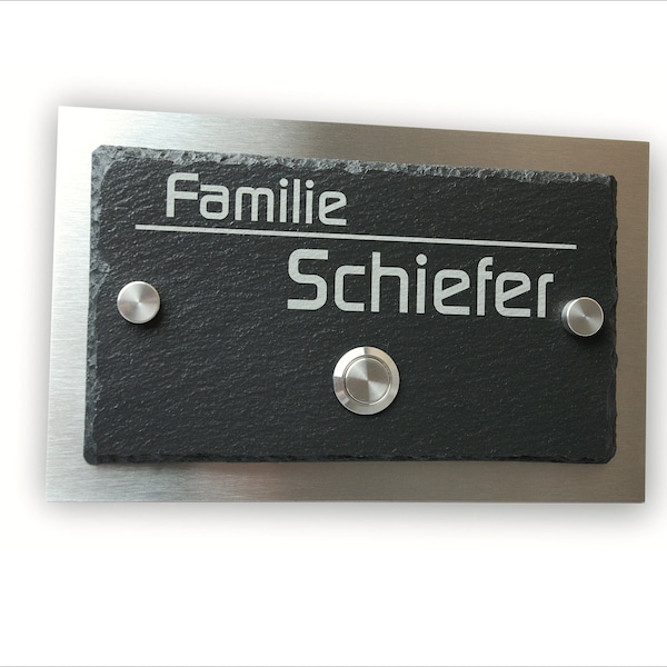 Klingelschild aus Edelstahl 1.4301 gebürstet und Schiefer mit Gravur Haustürklingel Klingelplatte Leskow Metalldesign