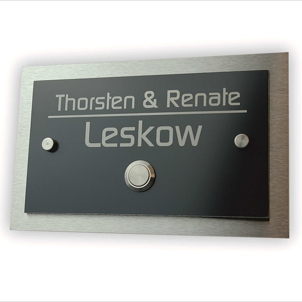 Klingelschild aus Edelstahl 1.4301 gebürstet und Alu Panel mit Gravur Haustürklingel Klingelplatte Leskow Metalldesign