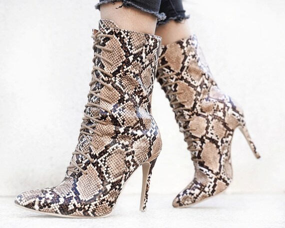 Women Boots Snake Print Vegan Ankle Boots for Women Pointed Toe High Heel Shoes Woman Autumn Winter High Heels Leopard