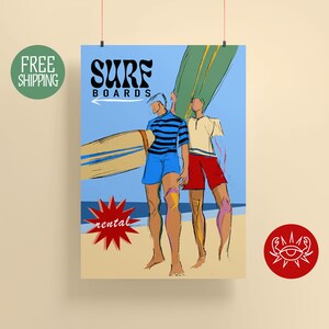 Surfing Illustration, Surf Boards Poster Art, Tropical Summer Home Decor, Retro Wall Art