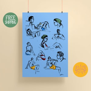 Summer Poster Illustration, Bright Wall Art, Beach Sketch Poster