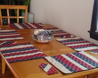 Stars and Stripes Placemats with Table Runner and matching Napkins