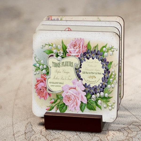 Vintage French Perfume Ad Coasters, Old France Soap Label Art Print Coaster Set, Cork Backed Coaster Set, Housewarming Gift, Paris Lover