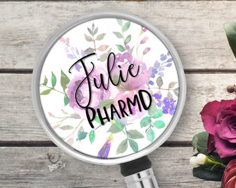 Cadeau d'anniversaire pour pharmacien, enrouleur de badge pour pharmacien, enrouleur rétractable floral personnalisé tout en métal, idée de pharmacie, diplômé technique pharmaceutique