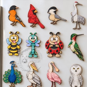 May include: A digital set of 15 bird and insect wobbly magnets featuring laser ready files. The collection includes illustrations of a robin, cardinal, chickadee, crane, flamingo, bee, dragonfly, ladybug, hummingbird, owl, peacock, pelican, and woodpecker.
