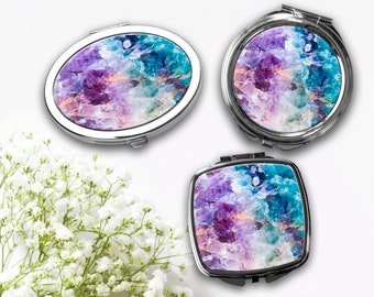 Amethyst Turquoise Art Print Mirror, Silver Square Round or Oval Compact Mirror, Crystal Makeup Mirror, Geode Magic Wicca, Metaphysical Gift