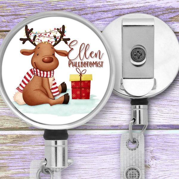 Funny Reindeer Christmas Badge Reel, Personalized Work ID, Birthday Christmas Gift for Him Her, Custom Metal ID Retractable, Nurse Teacher
