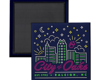 Raleigh: City of Oaks Magnet. Raleigh Skyline. Raleigh, NC. North Carolina. NC State. City of Oaks. Raleigh Art. Raleigh Artwork.