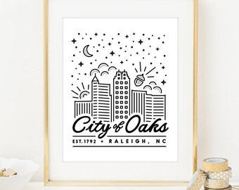 Raleigh City of Oaks Digital Print. Raleigh poster print. Raleigh wall art. Raleigh art print. Raleigh framed art. Raleigh street art