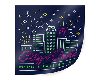 Raleigh sticker. Raleigh NC sticker. City of Oaks Sticker. Raleigh skyline sticker. North Carolina sticker. North Carolina art. NC state art