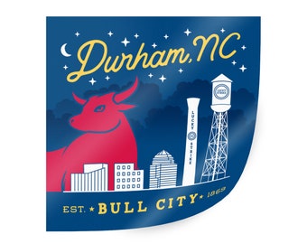 Durham Bull City Sticker. Durham NC sticker. North Carolina sticker. Durham NC decal sticker. Durham NC adhesive sticker. Bull City decal