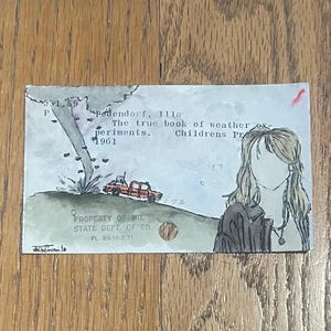 Może przedstawiać: Prostokątna karta z akwarelową ilustracją tornada, czerwonej ciężarówki i osoby z włosami do ramion. Tekst zawiera "Podendorf, Illa", "The true book of weather experiments", "Childrens Press" oraz "PROPERTY OF MD. STATE DEPT. OF ED."