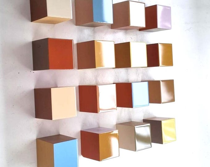 Extra Large Wood Cube Wall Art – Hand-Painted Geometric Blocks, Resin Finish