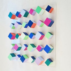 Hand-Painted Wooden Cube Wall Art: Modern Geometric Sculpture