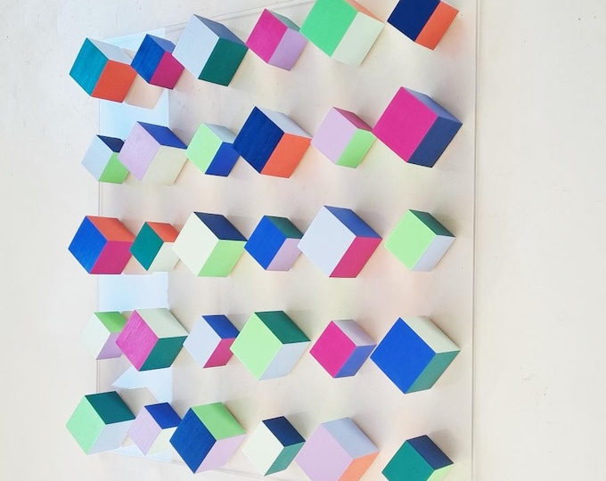 Colorful Hand-Painted Wooden Cube Art on Clear Acrylic Base. Abstract and modern wall art. ©  3D Wood wall art.  Geometric wall sculpture