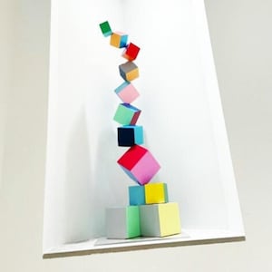 Sculpture wood art. Bold and colorful artwork. 3D art. Colored cubes,  perfect design for modern decoration ©