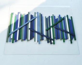 Long and Large wood wall art, sculpture and modern art. Made from hand-painted wooden slats, mounted on a transparent acrylic glass base ©